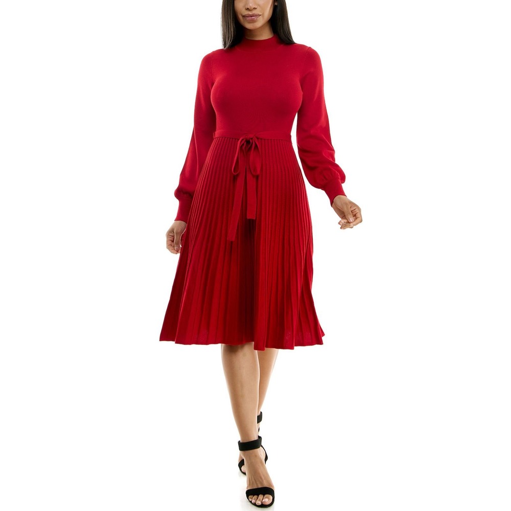 Nina Leonard Long Sleeve Mock Neck Pleated Sweater Dress Balloon Sleeve Red S